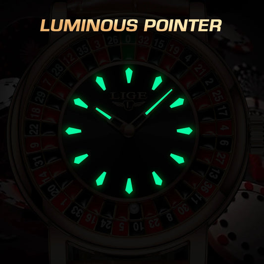 LIGE Men's Fashion Brown/Black Leather Watch Rotating Dial Las Vegas Roulette Waterproof