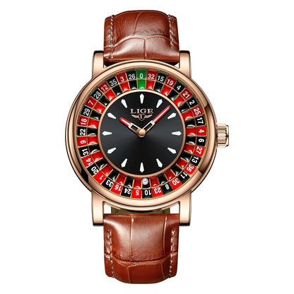 LIGE Men's Fashion Brown/Black Leather Watch Rotating Dial Las Vegas Roulette Waterproof