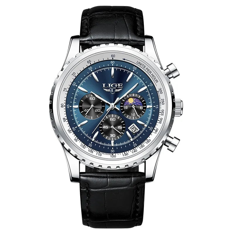 LIGE Men's Luxury Leather and Waterproof Wrist Watch