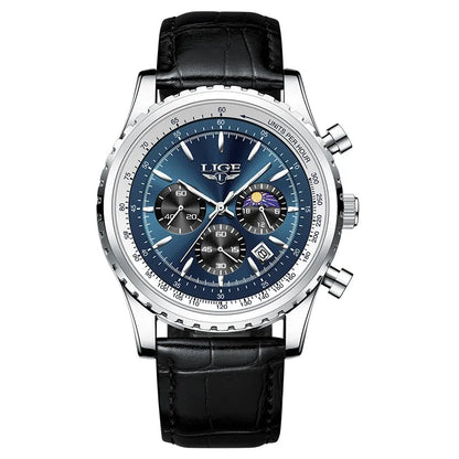 LIGE Men's Luxury Leather and Waterproof Wrist Watch