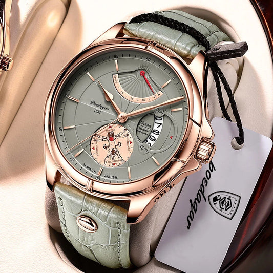 POEDAGAR Men's Luxury Business Leather Wristwatch Waterproof Luminous