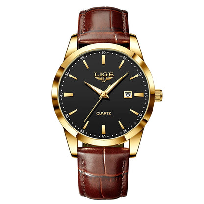LIGE Men's Brown Leather Military Sports Watch Chronograph