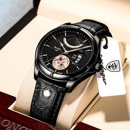 POEDAGAR Men's Luxury Business Leather Wristwatch Waterproof Luminous