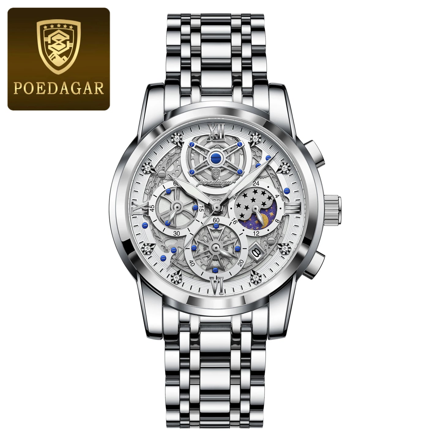 POEDAGAR Luxury Fashion Men's Stainless Steel+Chronograph Wristwatch