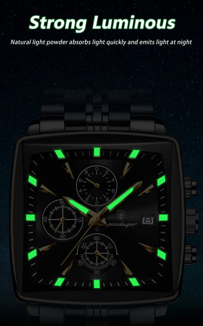 POEDAGAR Men's Business Waterproof Square Luminous Chronograph Watch Stainless Steel