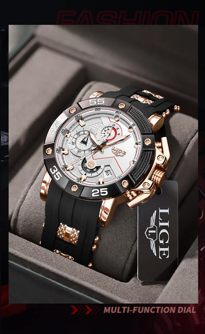 LIGE Men's Silicone Strap Military Sport Watch Waterproof Chronograph