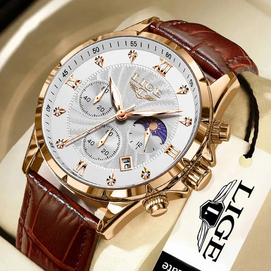 LIGE Men's Luxury Leather Casual Business Watch Waterproof Luminous