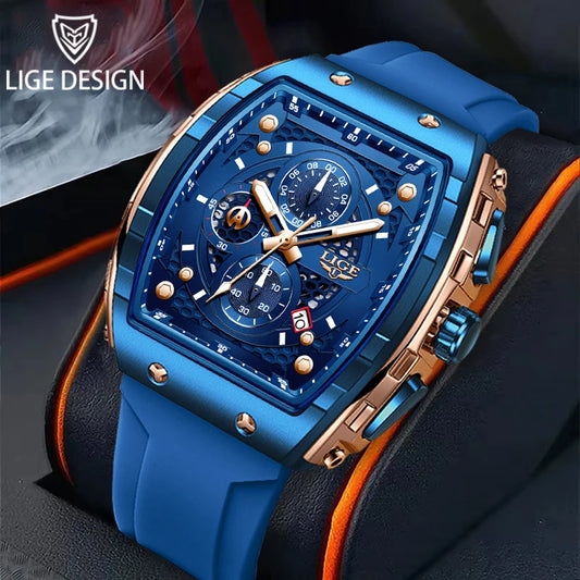 LIGE Men's Luxury Square Military Watch Silicone Waterproof