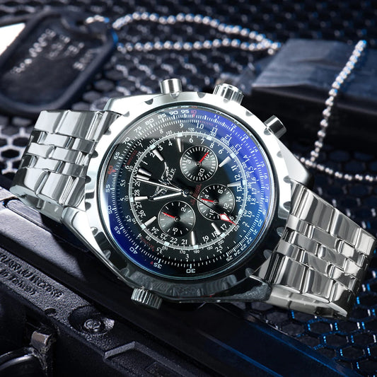 JARAGAR Men's Military Luxury Sport Watch Brand with Silver Stainless Steel Strap