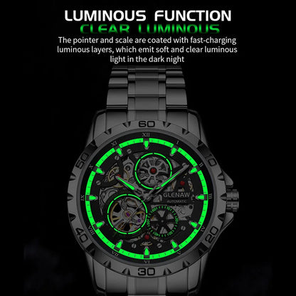 GLENAW Men's Steampunk Skeleton Waterproof Watch Luminous Stainless Steel Strap
