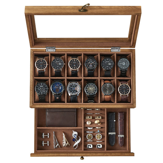 SONGMICS 12-Slot Watch Box, 2-Tier Watch Display Case with Large Glass Lid and Removable Watch Pillows | Velvet Lining | Accessory Box