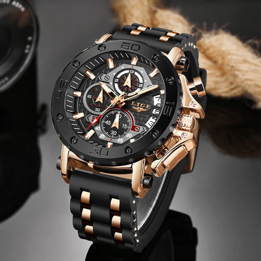 LIGE Men's Luxury Business Military Sports Watch Waterproof with Silicone Band