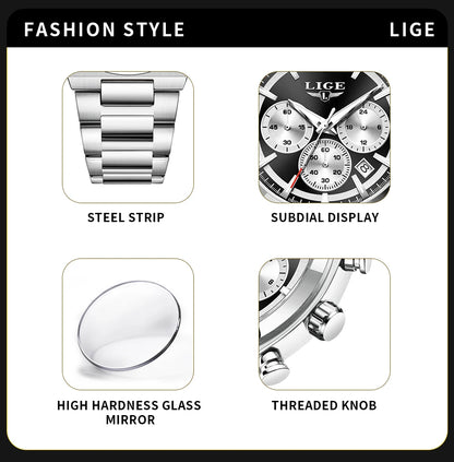 LIGE Men's Luxury Waterproof Watch Luminous Date Chronograph & Stainless Steel