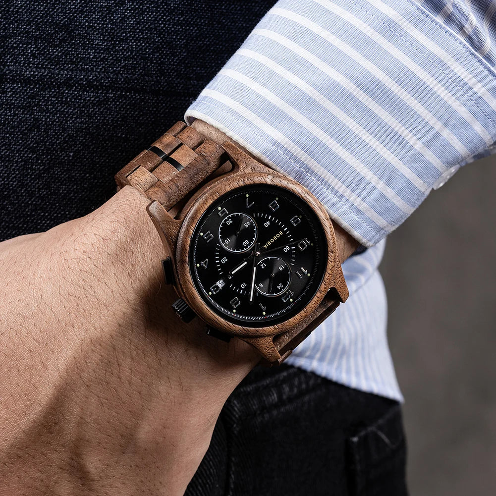 BOBO BIRD Engraved Custom Men's Wooden Chronograph Wristwatch