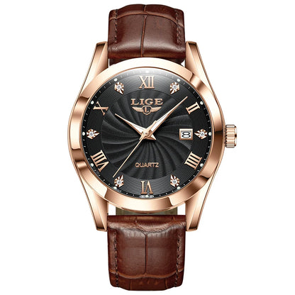LIGE Men's Luxury Leather Sports Watch Waterproof Luminous