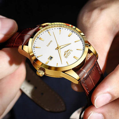 LIGE Men's Brown Leather Military Sports Watch Chronograph