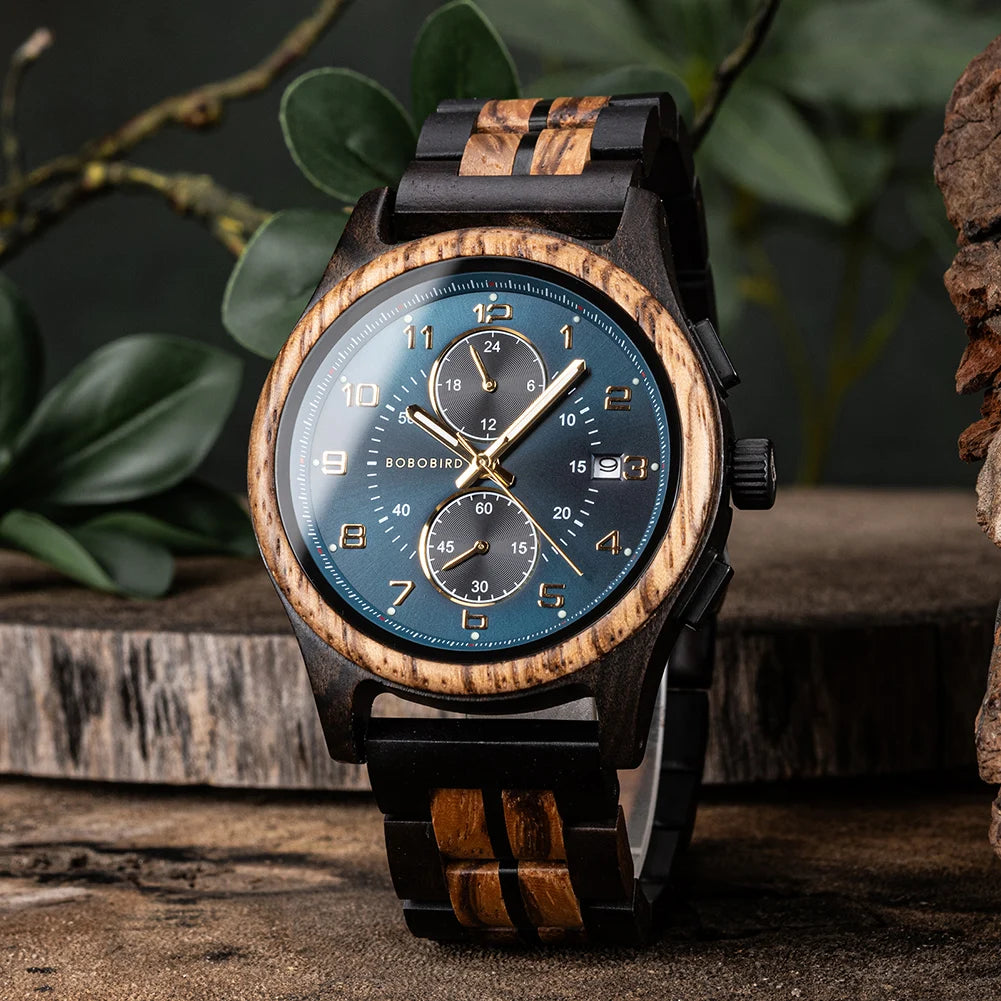 BOBO BIRD Engraved Custom Men's Wooden Chronograph Wristwatch
