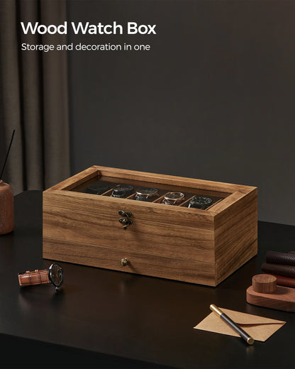 SONGMICS 12-Slot Watch Box, 2-Tier Watch Display Case with Large Glass Lid and Removable Watch Pillows | Velvet Lining | Accessory Box