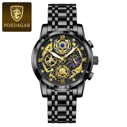 POEDAGAR Luxury Fashion Men's Stainless Steel+Chronograph Wristwatch