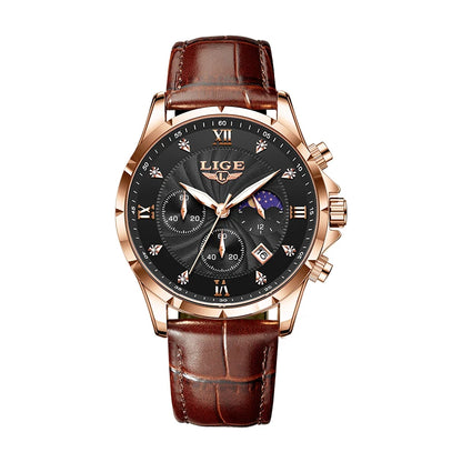 LIGE Men's Luxury Leather Casual Business Watch Waterproof Luminous