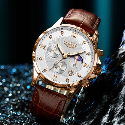 LIGE Men's Luxury Leather Casual Business Watch Waterproof Luminous