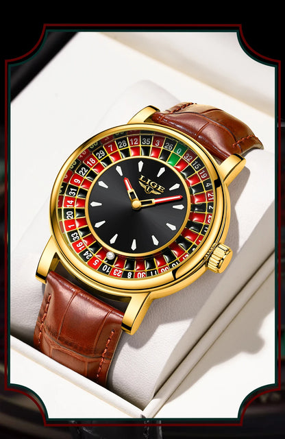 LIGE Men's Fashion Brown/Black Leather Watch Rotating Dial Las Vegas Roulette Waterproof