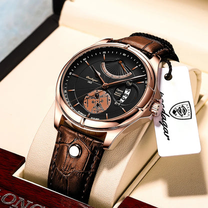 POEDAGAR Men's Luxury Business Leather Wristwatch Waterproof Luminous