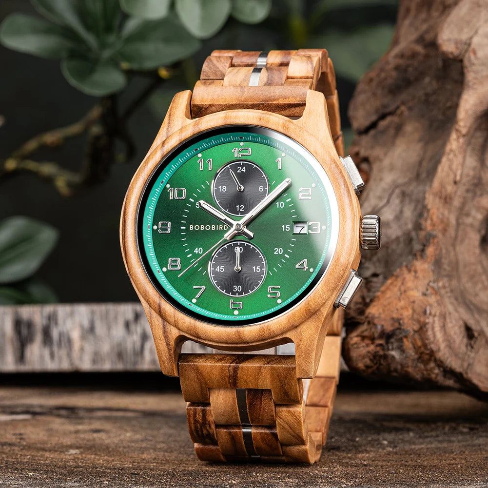 BOBO BIRD Engraved Custom Men's Wooden Chronograph Wristwatch