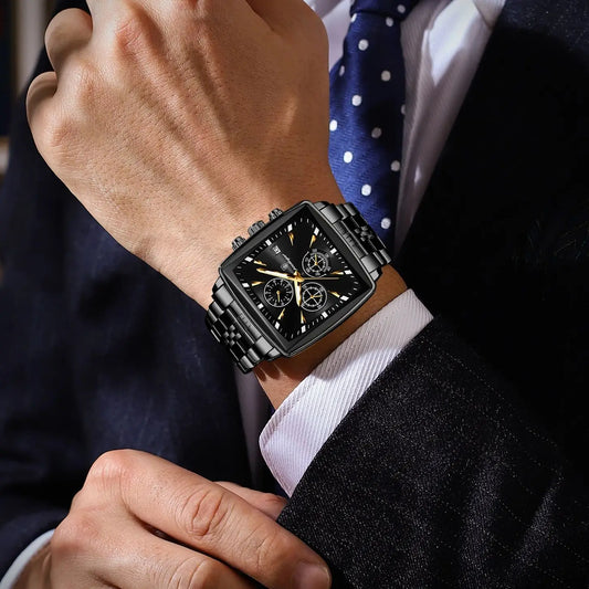 POEDAGAR Men's Business Waterproof Square Luminous Chronograph Watch Stainless Steel