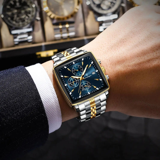 POEDAGAR Men's Luminous Waterproof Square Face Chronograph Stainless Steel Wristwatch
