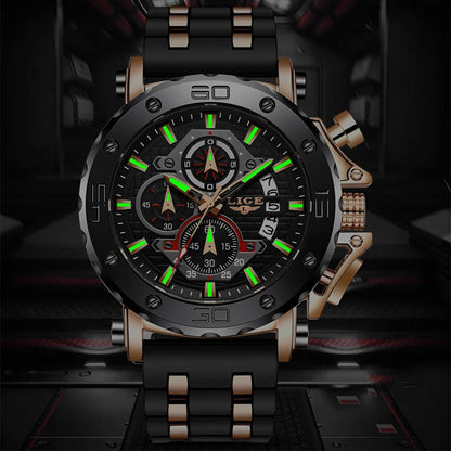 LIGE New Luxury Business Military Sports Waterproof Wristwatch for Men with Silicone Band