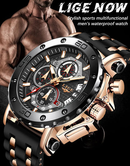 LIGE New Luxury Business Military Sports Waterproof Wristwatch for Men with Silicone Band