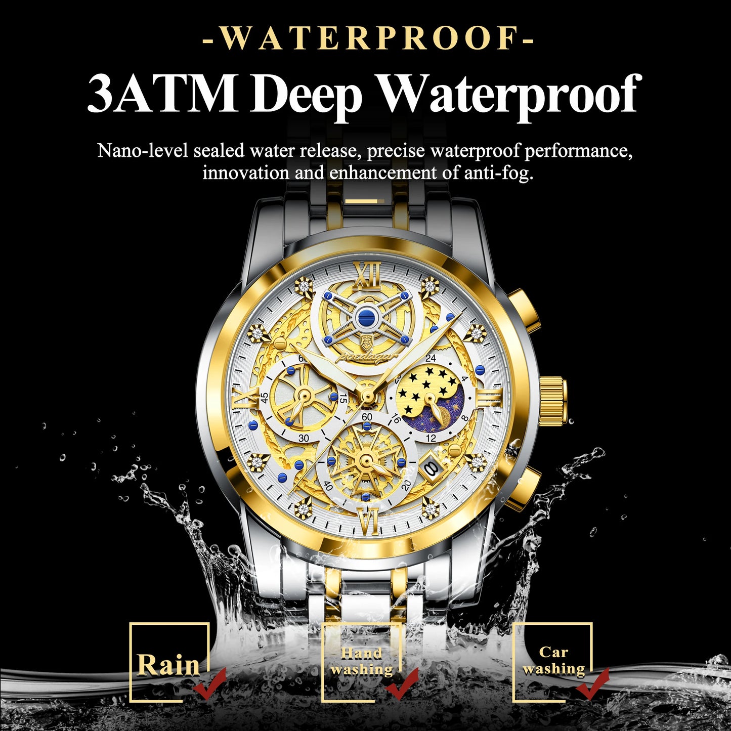 POEDAGAR Luxury Fashion Men's Stainless Steel+Chronograph Wristwatch