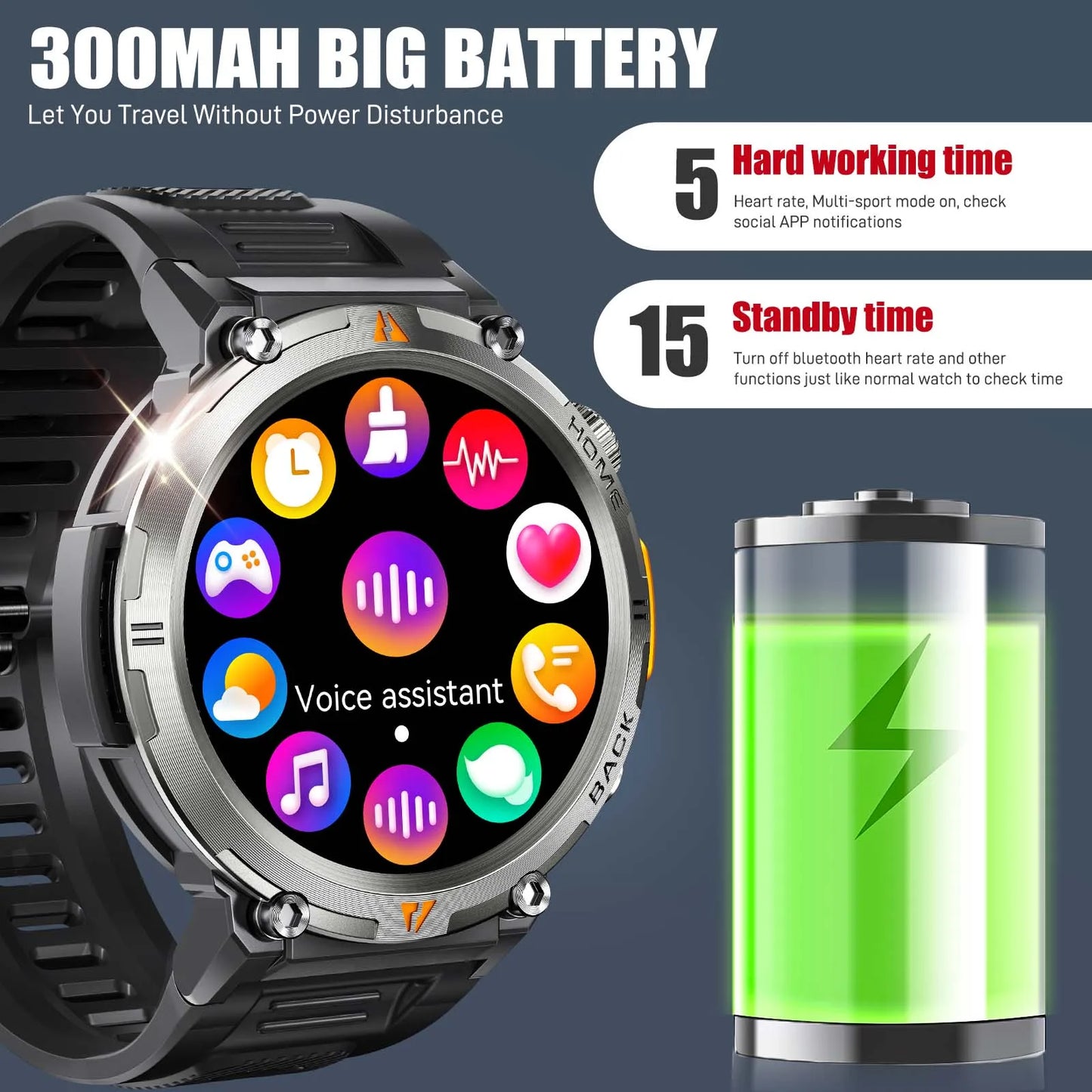 EIGIIS New Men's KE3 Bluetooth Touch Screen Smart Watch with Health Monitor & Flashlight For IOS & Android.