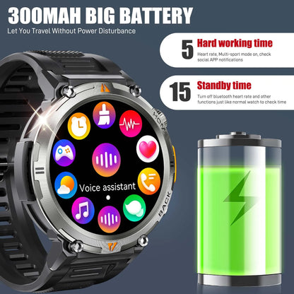 EIGIIS New Men's KE3 Bluetooth Touch Screen Smart Watch with Health Monitor & Flashlight For IOS & Android.