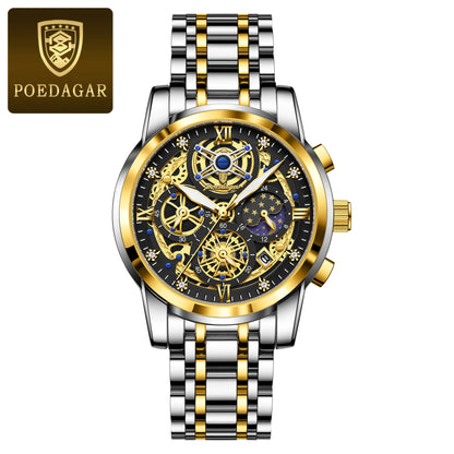 POEDAGAR Luxury Fashion Men's Stainless Steel+Chronograph Wristwatch