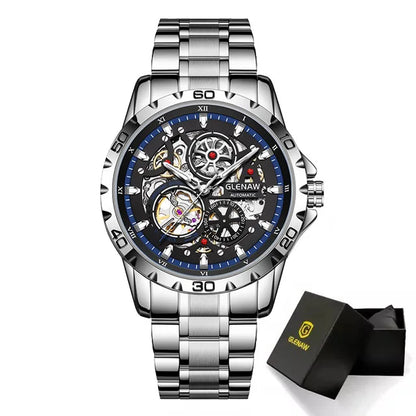 GLENAW Men's Steampunk Skeleton Waterproof Watch Luminous Stainless Steel Strap