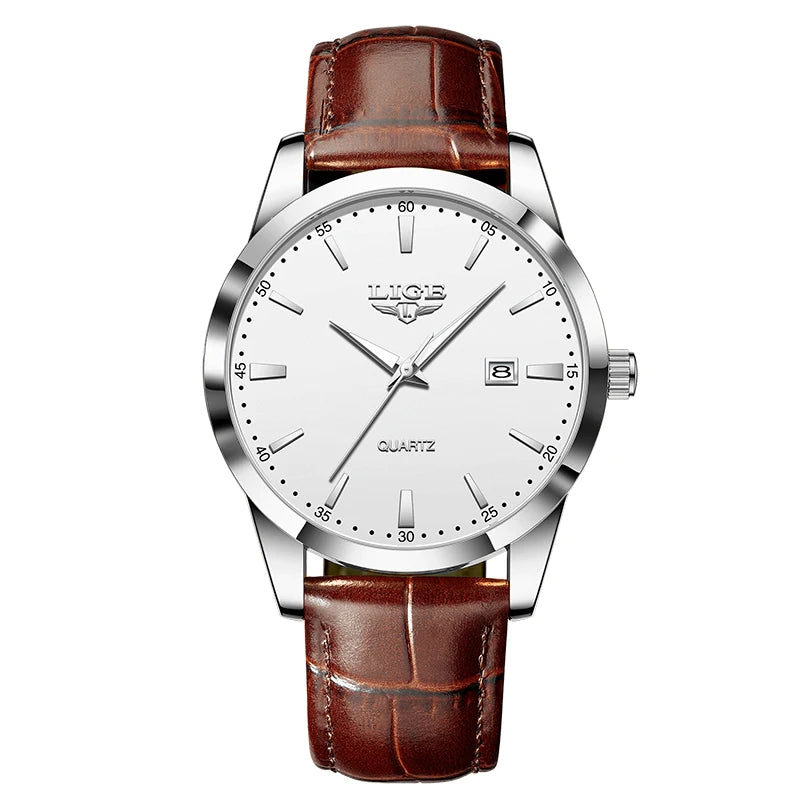 LIGE Men's Brown Leather Military Sports Watch Chronograph