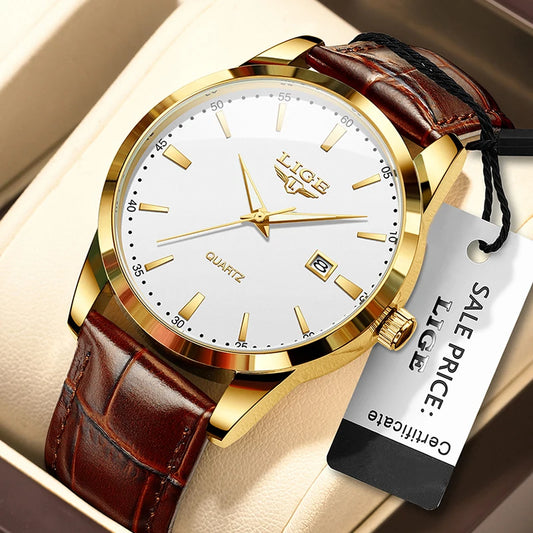 LIGE Men's Brown Leather Military Sports Watch Chronograph