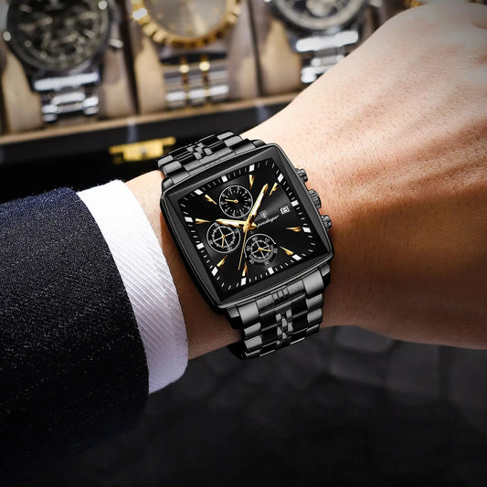 POEDAGAR Men's Business Waterproof Square Luminous Chronograph Watch Stainless Steel