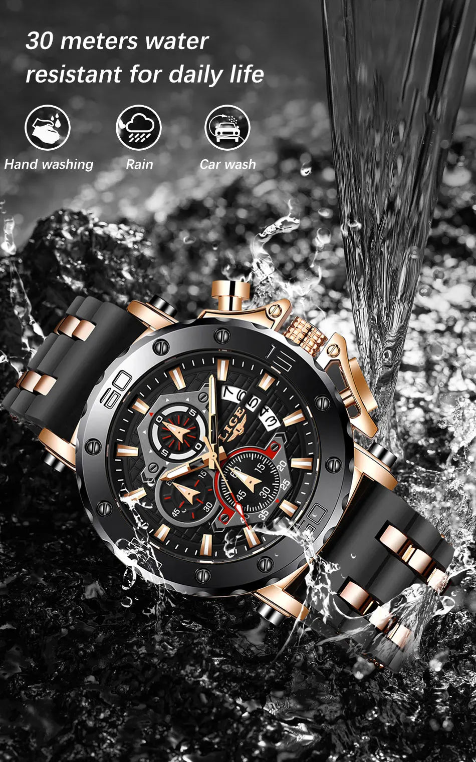 LIGE New Luxury Business Military Sports Waterproof Wristwatch for Men with Silicone Band