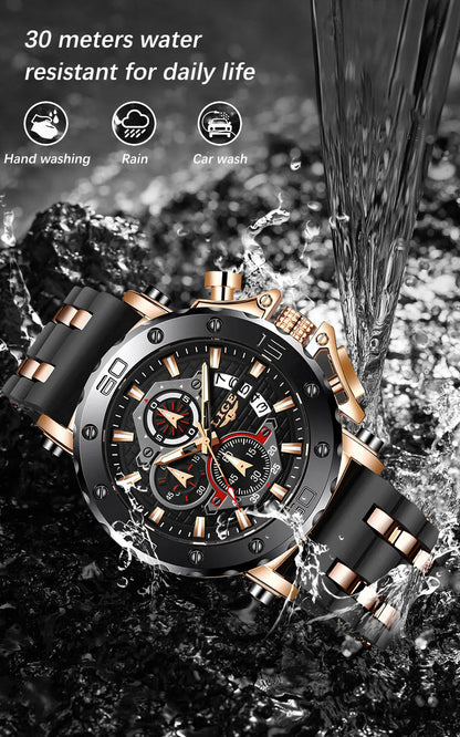 LIGE New Luxury Business Military Sports Waterproof Wristwatch for Men with Silicone Band