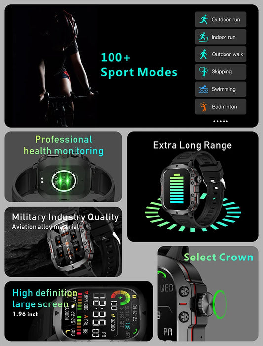 BOALZEDT Men's Military 1.96" BT Smart Watch+Sports/Fitness Tracker+Health Monitor/Multi-Function