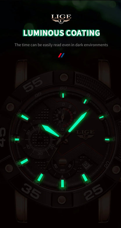 LIGE Men's Silicone Strap Military Sport Watch Waterproof Chronograph