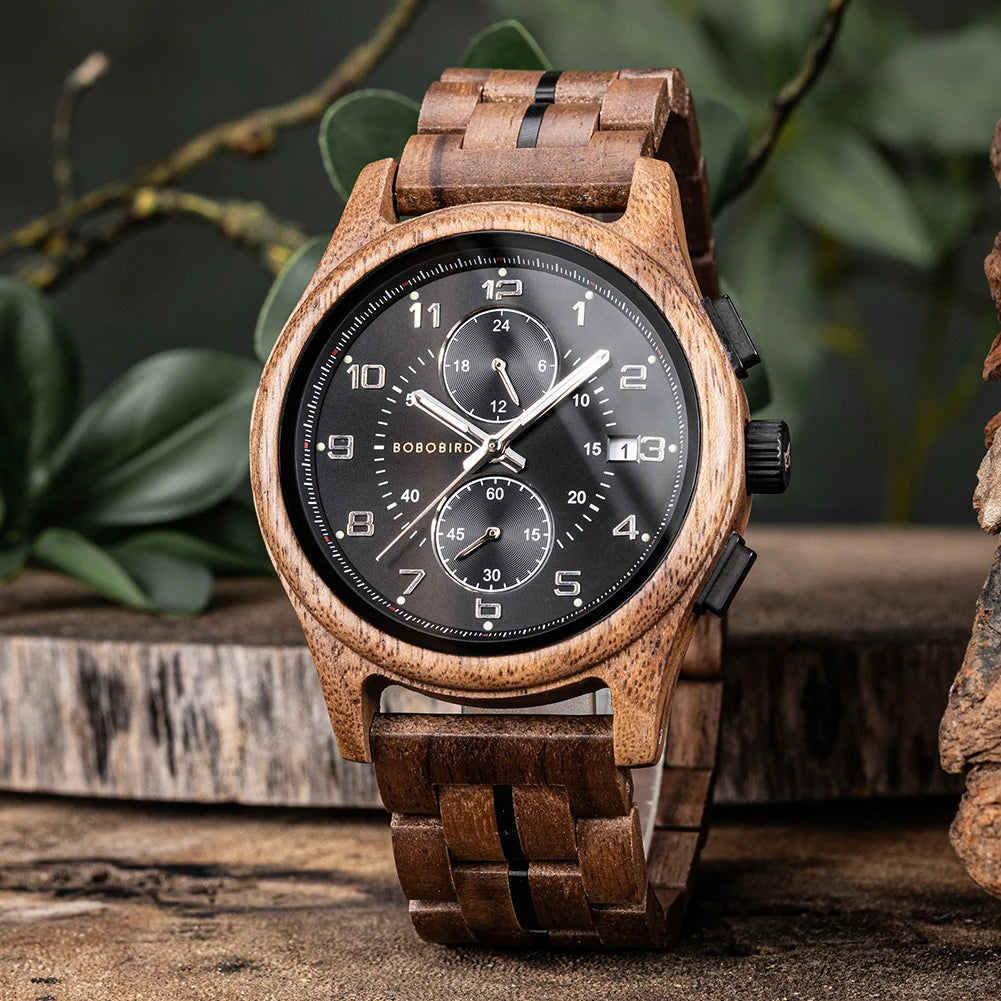BOBO BIRD Engraved Custom Men's Wooden Chronograph Wristwatch