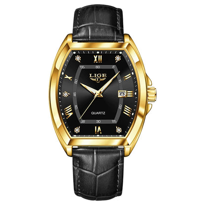 LIGE Men's Luxury Diamond Dial Leather Watch Waterproof Luminous