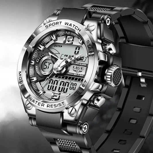 LIGE Men's Digital Sport Military Watch 50m Waterproof LED