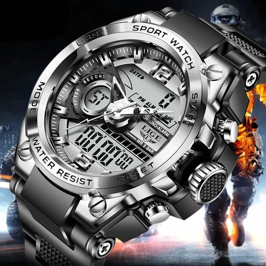 LIGE Men's Digital Sport Military Watch 50m Waterproof LED