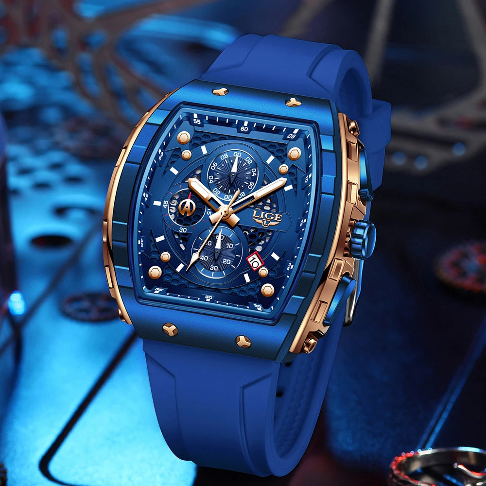 LIGE Men's Luxury Square Military Watch Silicone Waterproof