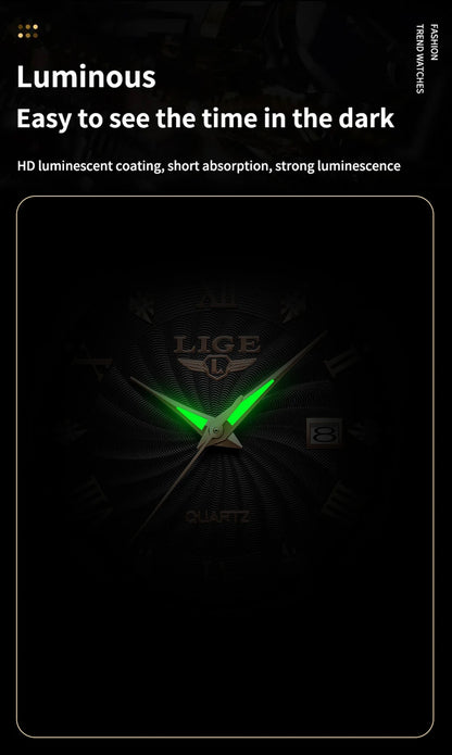LIGE Men's Luxury Leather Sports Watch Waterproof Luminous